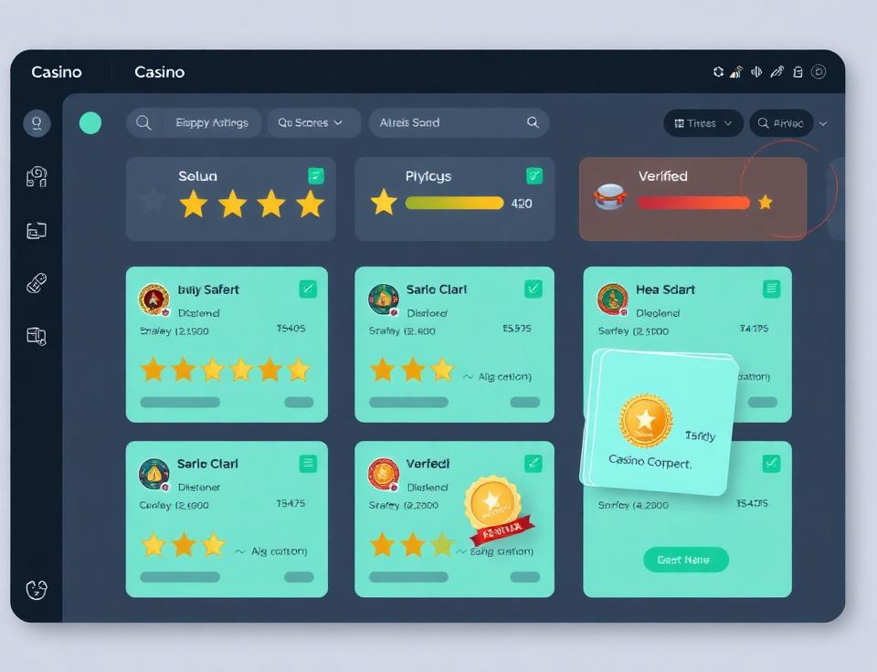 Illustration of casino review dashboard showing safety ratings and verified badges for UKGC licensed casinos