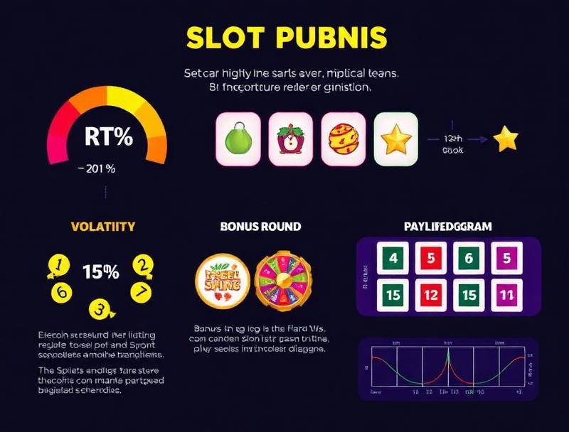 Visual guide showing slot game features including RTP meter, volatility scale, and bonus round icons